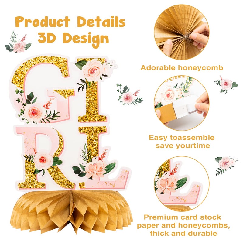 ANGOLIO 12Pcs Spring Floral Baby Shower Party Honeycomb Table Centerpiece Baby in Bloom Table Display with Letters Gender Reveal Decoration Arrangement Favor Block Holder for Girl Birthday - Image 3